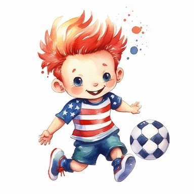 cute Watercolor cartoon happy team USA soccer player, clipart, white background