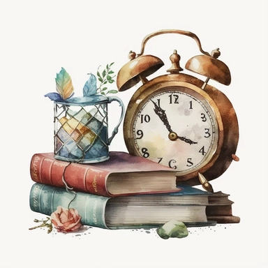 Vintage Alarm Clock with Books Sublimation water color, clipart, 8k, white background