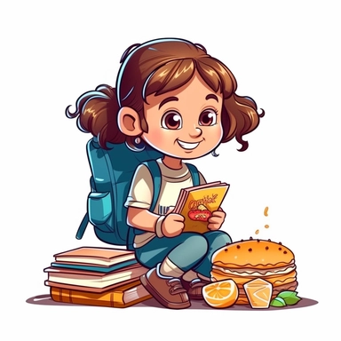 A happy and cool looking young child (girl) eating a luxurious dinner, wearing a backpack, school books, vector style graphic, positive vibe, clipart, single design, white background