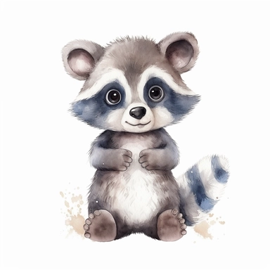 an adorable baby raccoon with kind eyes clipart with watercolor illustration,full body shot,8k,etsy style, white background