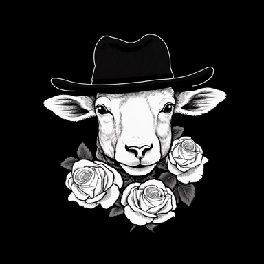 simple white vector clipart of sheep waering a cowboyhat with a rose in right part, white on black background