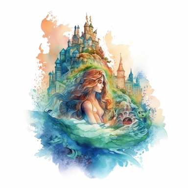 Detailed Watercolor dreamy mermaid in the front of Atlantis kingdom clipart