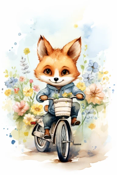 cute fox cartoon in bike flowers in watercolor, in style of book illustrated, nursery drawing, clipart