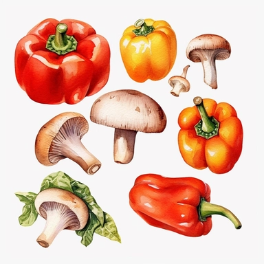 peppers chili mushrooms clipart white background watercolor