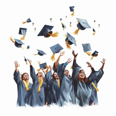 watercolor style, Graduation hat toss: Clipart showing a group of graduates throwing their caps in the air, celebrating the completion of their studies. clearly visible faces of participants. clipart, isolated on white background, 4K
