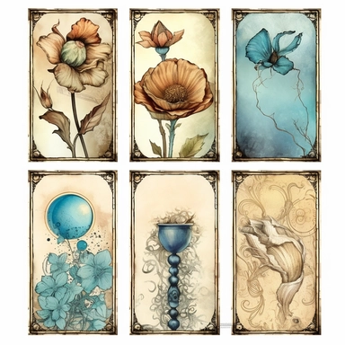 a page of watercolor flowers and street light card collections, set of 4 cliparts, in the style of steampunk-inspired designs, light blue and beige, great contrast, altered and substituted canvases, art arrangement, photographic source, matte, insanely detailed and sharp, some splash with alcohol ink, nouveau réalisme