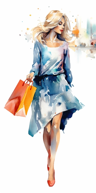 Cute Girl walking in profile while carrying multiple shopping bags in a jumping motion .Simplicity watercolor clipart by Thomas W.Schallerof. Transparent white background, png