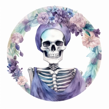 pastel female skeleton with a flower crown and a dress in a circle, half body, cute but spooky Halloween, shades of pastel purple and aqua, glamorous, watercolor, white background with margins, clipart style — uplight