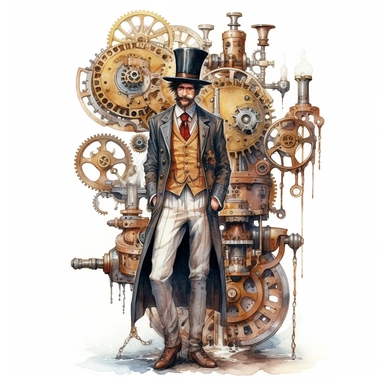 steampunk victorian prototype, full body, watercolor, gears, pinions, calipers, clocks, rivets, top hat, clipart, duo tone, realistic, ultra resolution, vivid detail, 8k, minimal watercolors, white background