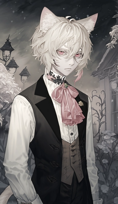 solo, ivory hair, beautiful young boy, decadence, gloomy garden, torches, ikemen, dark skin, hair clip, detailed ornamentation, gray and pink eyes, pink ribbon tie, ivory Modern Mullet hair, ribbon tie ponytail, long bangs, brown shirt, black vest and black pants suit, snow leopard, cat ears, Gothic and antique, botanical art