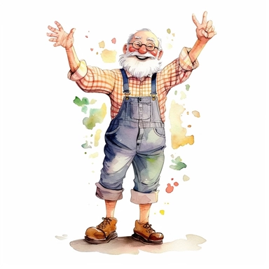 a watercolor clipart image with a white background, featuring a cute sweet extremely happy cartoon grandad, full body