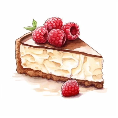 This highly detailed watercolor clipart depicts a heavenly Chocolate Cheesecake on a pristine white background. The artwork showcases the luxurious combination of creamy white chocolate and tart raspberries. The cheesecake is exquisitely rendered with intricate brushstrokes, highlighting its velvety texture and rich flavor. Plump raspberries add a vibrant burst of color, enhancing the visual appeal. Against the clean white backdrop, this clipart exudes an irresistible allure, making it perfect f