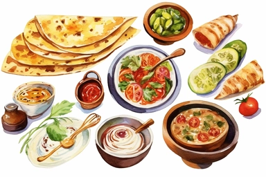 Watercolor, Bulgarian, Eastern European cuisine, clipart, hd, on a white background, spaced out
