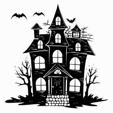 halloween hunted house clipart, black color, white background, minimalistic drawing