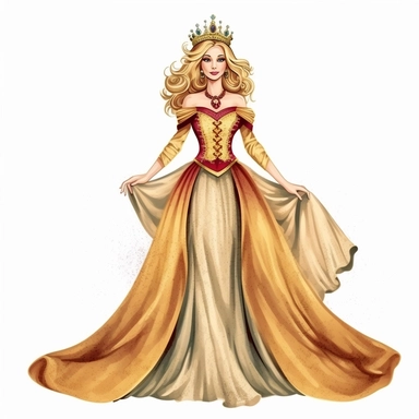 clipart, a fairytale queen in her 30s, full body, isolated on white background