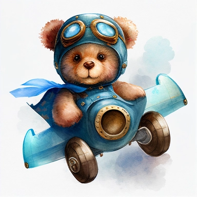 watercolor teddy bear clipart happy teddy bear waring blue goggles flying blue plane, white background