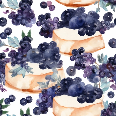 watercolor blueberry cheesecake clipart pattern illustration, sharp focus