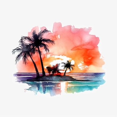 watercolor, beach sunset, waves, beach, palm trees, beautiful, clip art, multiple colors, cute, cartoonish, white background