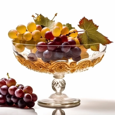 classic fine art photography of a tropical fruit bowl wine glasses grapes golden leaves, high definition, ultra realistic, clip art on white background k8