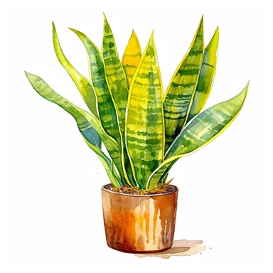 A vibrant watercolor clipart image capturing the allure of a Snake Plant. The artwork portrays the striking leaves of the Snake Plant, with their vertical growth and unique patterns. The watercolor technique adds depth and dimension to the illustration, showcasing the varying shades of green and yellow. The artist's brushstrokes create a sense of movement and energy, as if the plant is alive and thriving. This captivating clipart is perfect for designs that aim to evoke a sense of vitality and n