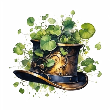 Steampunk styled hat with watercolor effect,unrealistic fantastic,white background,suitable for digital cliparts,fantastic scene,high quality,leaves,ivy,green plants
