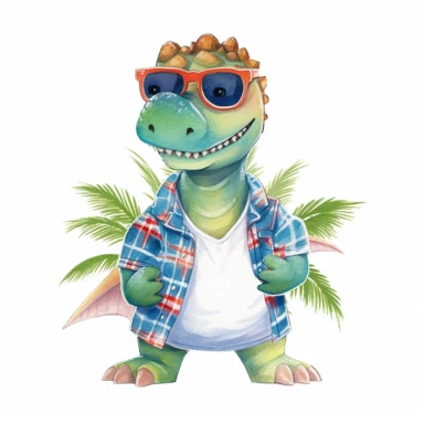 summer, cute Dinosaur wearing a Hawaiian shirt, cute pose, watercolor illustration for kids and children, clipart, sublimation, white background, brightly colored style, realistic color schemes, luminescent color scheme