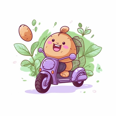 Create a clipart of a cute vegetable potato riding a motorcycle leaving a trail of leaves. Pastel colors. Kawaii style. White Background, soft lighting.