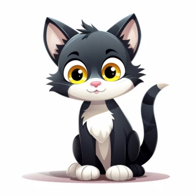 cute cartoon cat, black and white cat, black face with a little bit white by mouth, a lot of white on chest, white paws, black legs, yellow eyes, full body sitting, white background, clip art, vector graphic