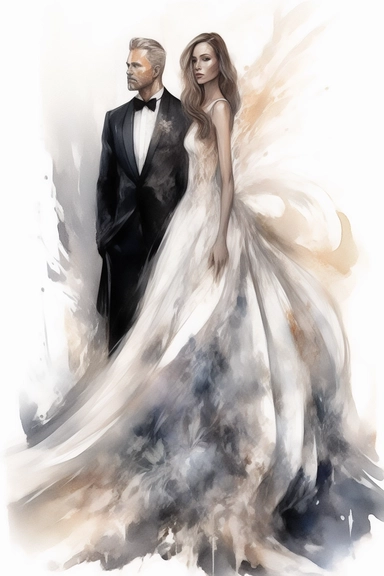 amazing detailed watercolor clipart of a beautiful bride with a beautifully detailed Heavenly draping baroque-inspired haute couture gown stunning seraphim posing and a long veil holding hands with a handsome black tuxedo suit groom classical posing setti