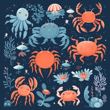 crab Clipart Cute crab, Sea Creature, Ocean Animals, Kids Sea Creatures, crab Nursery Decor, with blue air bubbles and sea anemones and sea plants