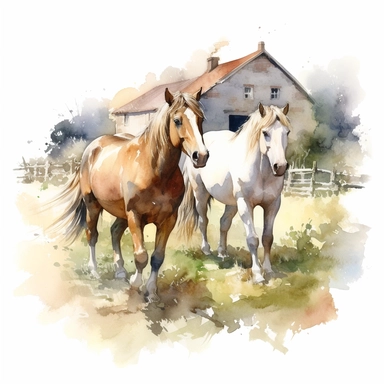 close up view of a. realistic watercolor drawing of horses on a charming farm in France, on a white background where the background will be removed to repurpose as a clipart.