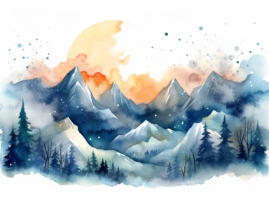 Simple mountain range with Whimsical rolling hills and mountains for a children's book, night scene, watercolor, clipart, white background,