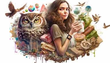 Creative graphic design, beautiful thin russian girl with brown wavy hair, green eyes, insta girl,wearing hip - hop clothes, nike shoes, asian and western culture mix, dragons, owls, lanterns, ice cream,Ipad, collage, clipart, graphic, illustrations, 16K, exceptional attention to detail, wide angle lens