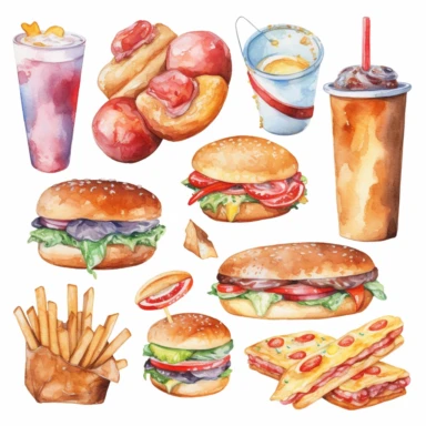 fast food, watercolor, clipart set, pizza, donut, hot dog, hamburger, cheeseburger, ice cream, popcorn, pretzel, isolated on white background