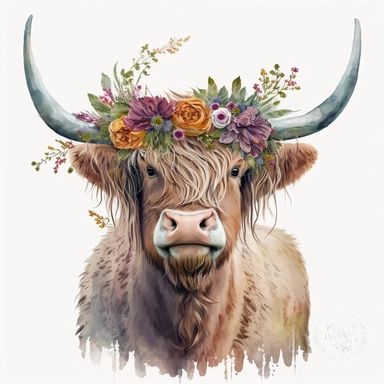 An enchanting UHD clipart depiction of a Highland Cow donning a splendid flower crown, set against a clean white background that accentuates the intricate patterns on the crown and the textures of the cow's shaggy coat, Clipart, digital design, carefully created with attention to detail, allowing for a 4K ultra-high definition image that is both vibrant and captivating,