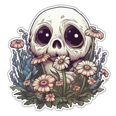 Sticker, thick border. a creepy and weird little animal in a flower filled field, in the style of necronomicon illustrations, cute cartoonish designs, sergey musin, bone, detailed facial features, todd nauck, soft-edged. clipart, solid white background