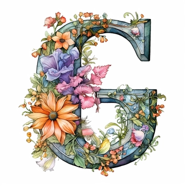Beautiful Pastel Vintage Flower Alphabet Letter  G  Watercolor and ink Clipart, Cartoon, hyper-realistic, high contrast, intricate detail, illustration style, high solution on the white background