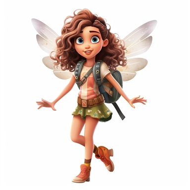 a pretty beautiful fairy girl, going back to school attire, full body image, pixar style, clipart, white background