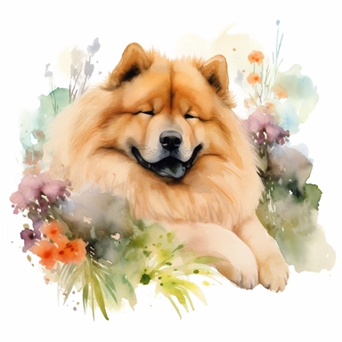 A serene scene of a Chow Chow dog peacefully resting in a tranquil garden, surrounded by blooming flowers and lush greenery, with a white background and watercolor clipart.
