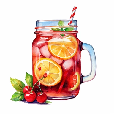 Detailed Watercolor summer Mason Jar with cherries and red fruits iced tea clipart