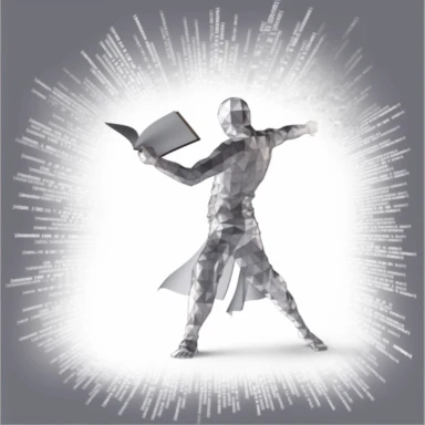 clip art, abstract, large open book. Open pages, human lunging put of the pages in a Warrior pose