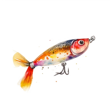Watercolor fishing lure clipart, white isolated background, space out, hd