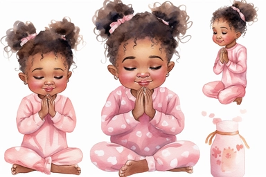 6 Watercolor happy cute beautiful brown skin african American baby girl praying wearing pink pajamas, clipart, isolated, white background, spaced out--q 2