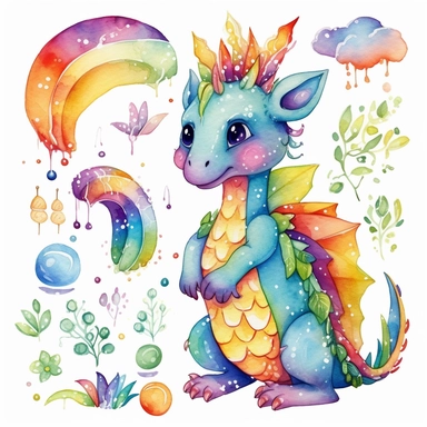 Cute Rainbow Dragon Watercolor Clipart
