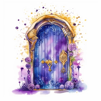 cartoon fairy door, glowing lights and sparkles, purple gold and blue, glamorous realistic and detailed, watercolor, white background with margins, clipart style