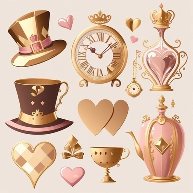collection of hat , teapot,book, teacup, hearts cards, big crazy hat, gold melting clock , hourglass, queen of hearts , hearts paying cards vector clipart gold and light pink on white background