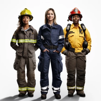 high def photograph clipart vector image with plain white background of a hyper realistic high definition photograph of different professionals standing (lawyer, firefighter, policewoman, construction worker, female pilot). extremely detailed. 35mm lens. 8k. Ultra HD.