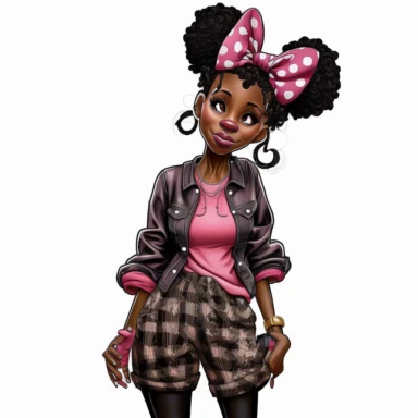2d, beuatiful vibrant full body happy african american adult mickey mouse woman clipart, dark brown face, pink ears, cartoon realistic