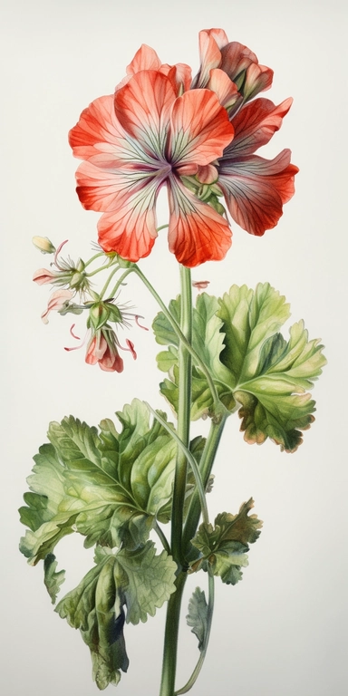 Watercolor Painting of SINGLE STEAM Geranium FLOWER on white background beautiful multi - headed pale, Flora Design Patterns, Flemish Baroque by Rachel Ruysch, Behance, Rococo, Intricate Detailed, Soft Light Effect, Oil Paint Strokes, Light Academia Aesthetic Flowers, Lighting cinematic, all shown shimmering stamens, tyndall light, light effect, texture, colorful, 8k, fantasy, ray tracing, depth of field, vivid, spectacular lighting, octane rendering, highly detailed, ultra - realistic, white ba