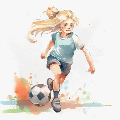 watercolor style a girl with blond hair playing soccer childish sweet clipart neutral colors on white background